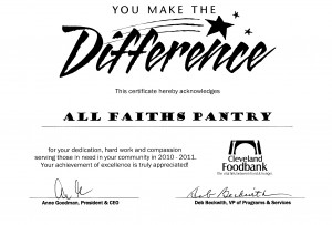 Photo of a certificate from the Cleveland Foodbank