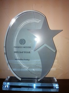 Photo of a glass trophy awarded by Project Access