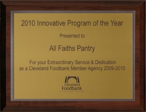 Photo of a plaque naming All Faiths Pantry as the 2010 Cleveland Foodbank Innovative Program of the Year.