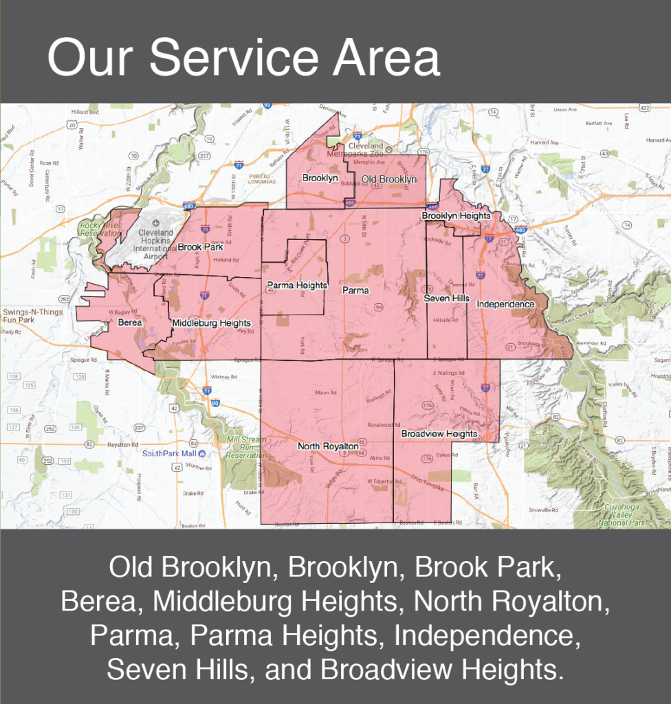 A map shows the municipalities that fall under All Faith's Pantry's service area highlighted in red. All Faith's Pantry's service area includes Old Brooklyn, Brooklyn, Brook Park, Berea, Middleburg Heights, North Royalton, Parma, Parma Heights, Independence, Seven Hills, and Broadview Heights.